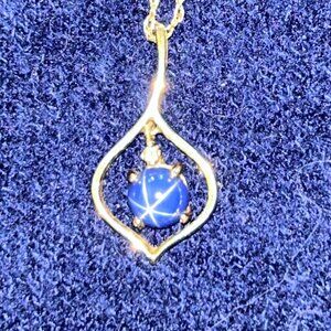 Vintage Double Star Sapphire 14k Gold Necklace w Diamond Chip